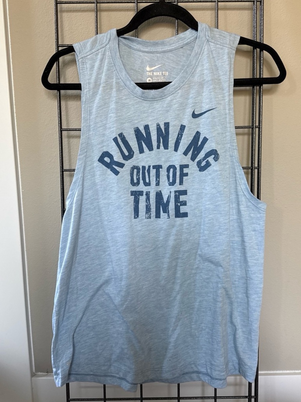Nike Light Blue Muscle Tank with Navy 'Running Out of Time' Graphic